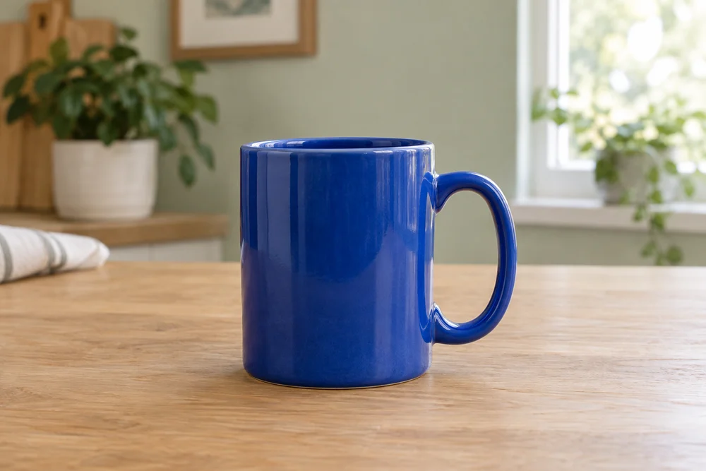 Original photo of a blue ceramic mug on a wooden table by a window